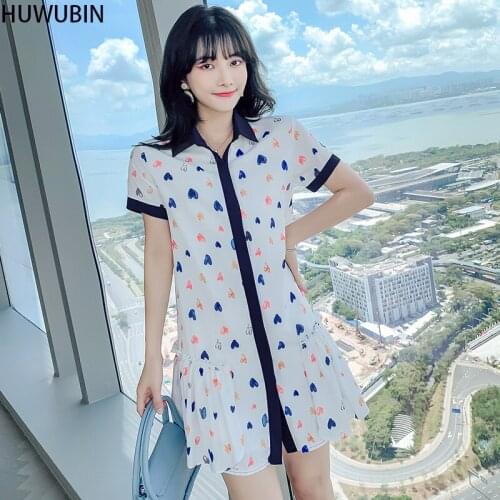 2021 New Summer Korean Womens Unique Polo Love Dot Floral Skirt Loose Waist Fashion Temperament Casual Chiffon Shirt Dress