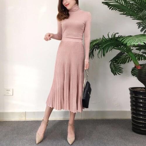 Woman Dresses knitted Suit Autumn winter turtleneck knitting sweater long sleeve pullover + pleated skirt Two-piece suit Sets