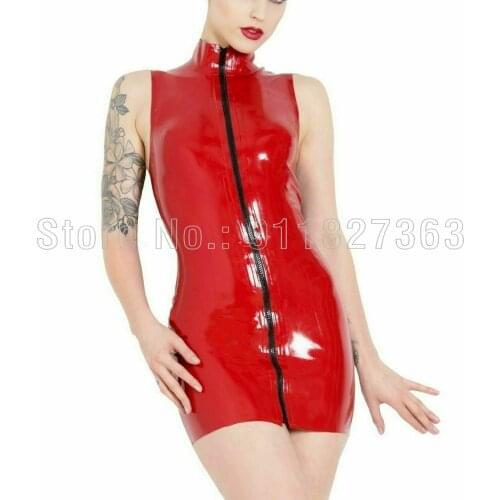100% Natural Latex Dress Rubber Gummi Sleeveless Catsuit Sexy Lady w Front Zipper Party Polo Dress Customized