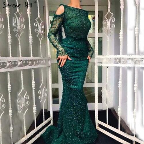 2020 Dubai Style Green Long Sleeves Pearls Elegant Mermaid Lace Evening Dresses Backless Sexy Luxury Evening Gown DLA6340