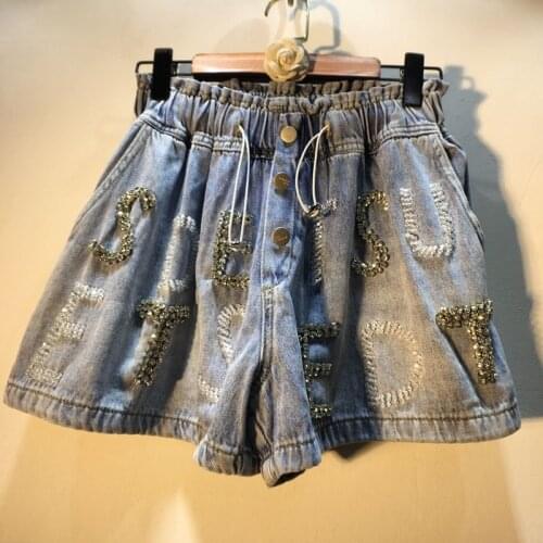2021 Summer New Women Beaded Letters Light Blue Shorts Lady High Elastic Waist Loose Slimming Wide-Leg Denim Shorts