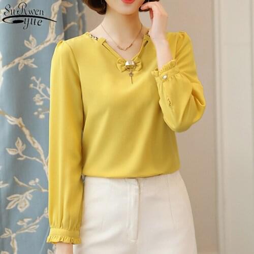 2021 Autumn New Shirt Large Size Solid V-neck Female Bottoming Shirts Chiffon Blouse Fashion All-match Long Sleeve Top 10281