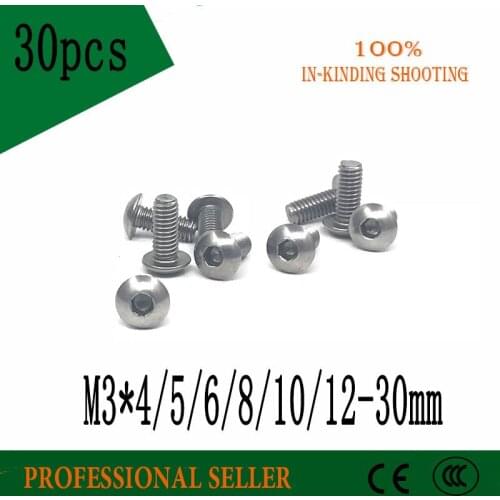 30pcs M3*3/4/5/6/7/8/9/10/12/14/15-40mm Stainless Steel 304 Round Head Screws Mushroom Hexagon hex Socket Button Head Screw Bolt