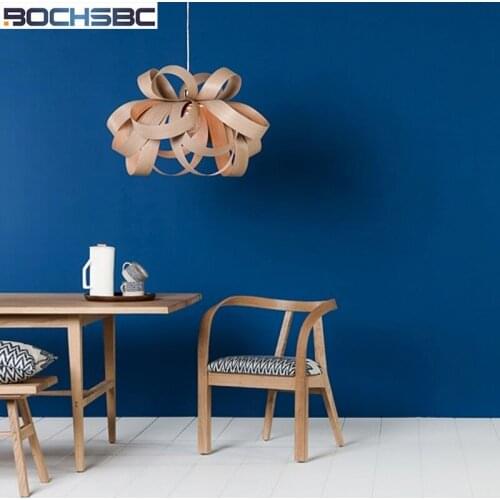 BOCHSBC Woodskin Lampshade Pendent Light North European Simple Creative Hanging Lamp for Living Room Bedroom Dinning Room Bar