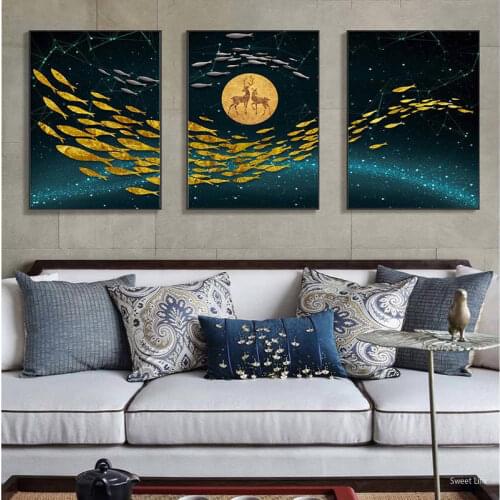 Abstract Gold Fish Moon Deer Canvas Painting Big Blue Poster Print Wall Art For Modern Living Room Aisle Gold tableaux Picture