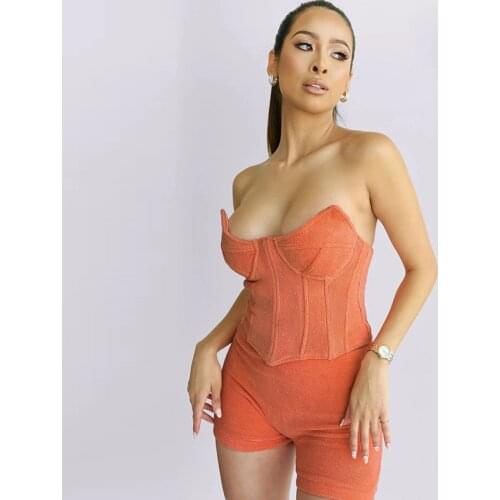 Velvet Skinny Casual Women 2 Piece Set Wrapped Chest Corset Top+Biker Shorts Stretchy Sporty Fitness Matching Outfit