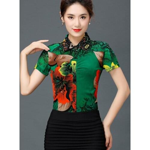 Summer Casual Womens Floral Printed Short Sleeve Stretch Blouse , Shirt For Woman , Female Women 4XL 3XL Slim Painted Blouses