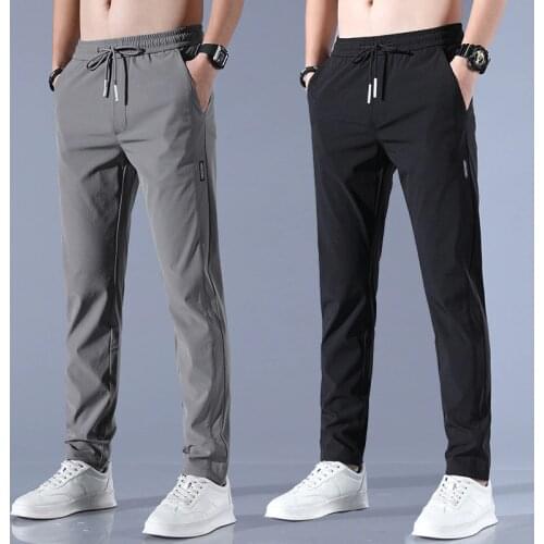 Mens Ice Silk Trousers Solid Color Mid-Waist Loose Breathable Straight-Leg Casual Pants Thin Quick-Drying Sports Pants