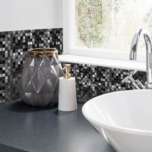 Black PVC Mosaic Tile Stickers Kitchen Backsplash Panel Self-adhesive Wallpaper Home Toilet Bathroom Vinyl Waterproof Decor