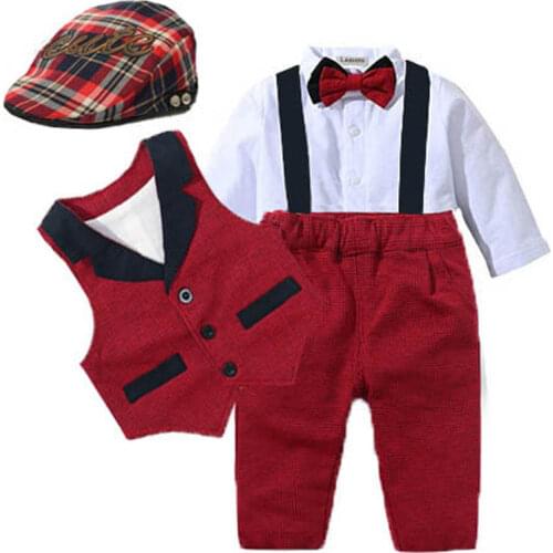 Baby Suits Newborn Boy Clothes Romper + Vest + Hat Formal Clothing Outfit Party Bow Tie Children Birthday Dress New Born 0- 24 M