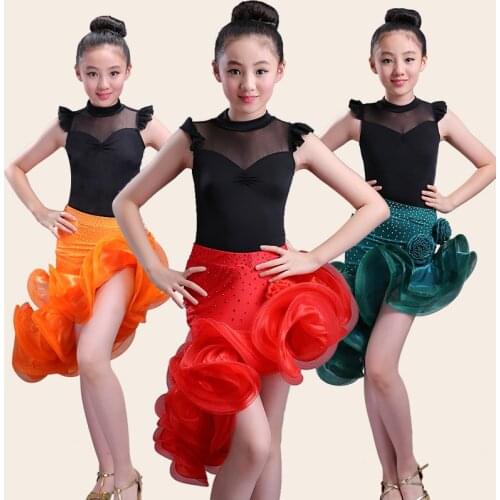 Kids Costume Latin Dance Skirt Short Sleeve Dance Dress Competition Practice Clothes Summer Children Performance Clothing
