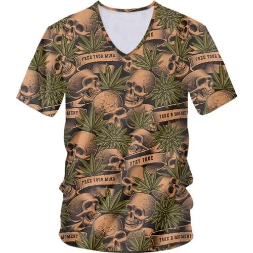Weed Skull New V-neck T-shirts Casual Suitable Novelty Gothic Style Horror Funny Streetwear Spring Summer Fall Unisex Tops IFPD