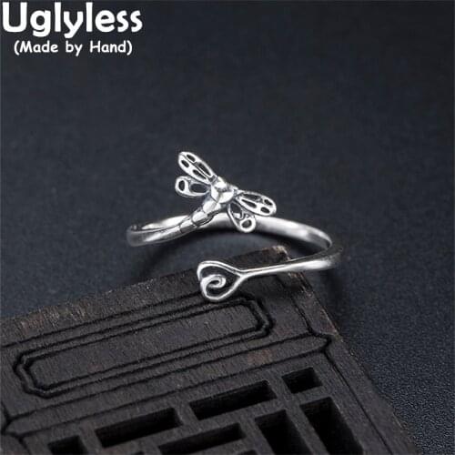 Uglyless Ethnic Thai Silver Dragonfly Rings for Women Cute Insects Open Rings 100% Real 925 Sterling Silver Dragonfly Jewelry