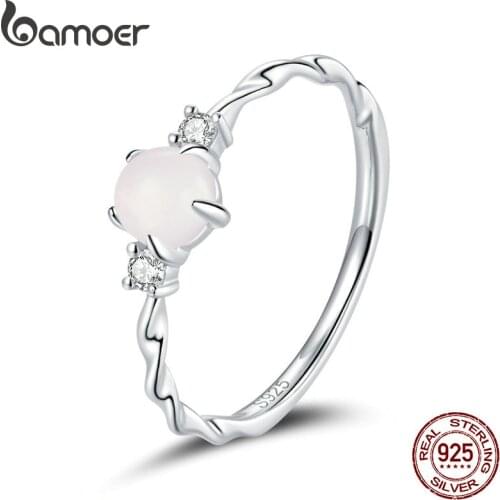 Bamoer 925 Sterling Silver Moonstone Ring Finger Rings for Women Vintage Retro Stackable Rings Band Silver Fine Jewelry SCR689