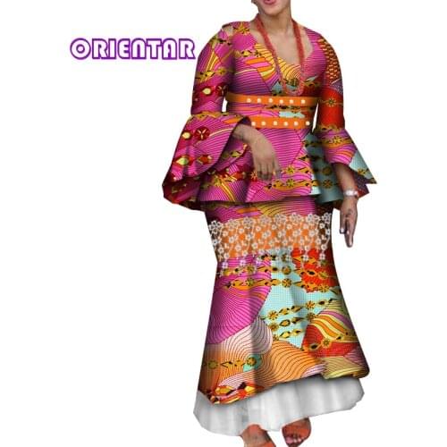 2 Pieces Set African Clothes for Women Flare Sleeve Tops and Long Skirts African Print Bazin Riche Women Suits Skirt Set WY4264