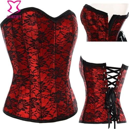 Red Steel Boned Waist Trainer Corset Burlesque Embroidery Stretch Lace Overlay Satin Sexy Bustier Gothic Corpete Corselet Korse