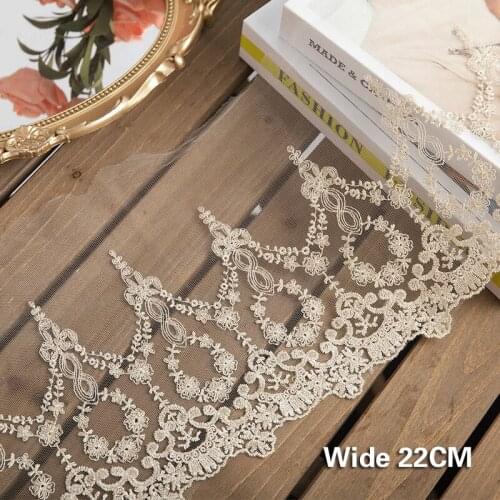 22CM Wide Tulle Mesh Embroidery Lace Gold Thread Lace Ribbon Wedding Dress DIY lace for needlework Sewing Decoration