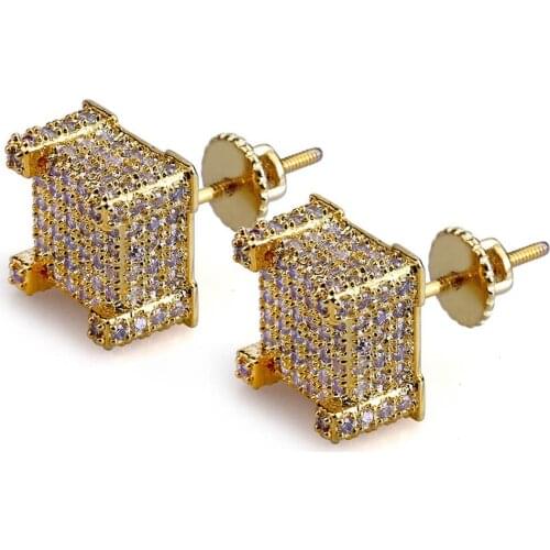 Micro Paved AAA+ Cubic Zirconia Bling Iced Out Square Stud Earrings CZ Charm Earring for Men Hip Hop Rapper Jewelry Gifts Gold