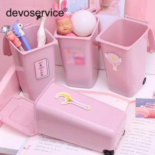 Cute Pink Pen Holder Desktop Storage Pen Box Pencil Case For Girls Gifts Plastic Bucket With Lid Stationery Holder Trash Cans