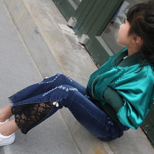 Fashion Autumn Boot Cut Girls Jeans Teenager Children denim Pants Kids Jeans for Girls Trousers black lace Jeans Children Pants