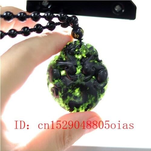 Natural Black Green Chinese Jade Tiger Pendant Beads Necklace Charm Jewelry Obsidian Accessories Carved Amulet Gifts for Men Her