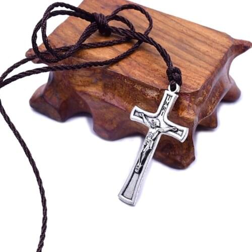 Retro Rope Jesus Cross Necklace Pendant Jewelry for Men Women Catholic Religious