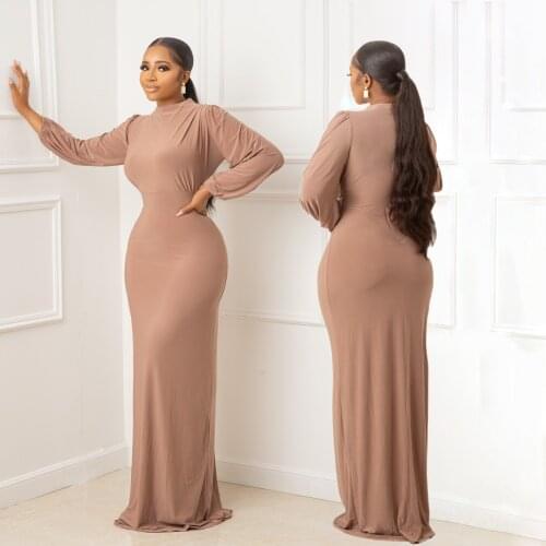 New Women Long Dress Solid Full Sleeve O-neck Strechy A-line Maxi Dresses Office Lady Vintage Vestidos Casual Outfits Summer