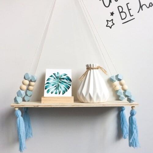 Hanging Rope Shelf Nordic Style Plant Holder Storage Craft Wood Macaron Octagonal Bead Tassel Rack Wall House Decoration