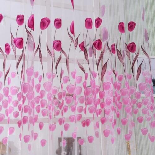 ♛Pink Window Screening Tulip Pattern Curtain Decorative Partition Curtain