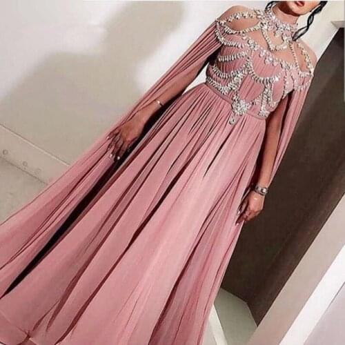Pink Muslim Evening Dresses A-line High Collar Chiffon Crystals Long Islamic Dubai Saudi Arabic Long Formal Evening Gown