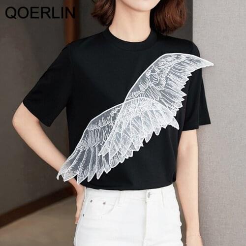 QOERLIN Chic Wing Patchwork T-Shirts Women Summer Short Sleeve Loose Casual Tops T-Shirts Female Black Female O-Neck Basic Tops