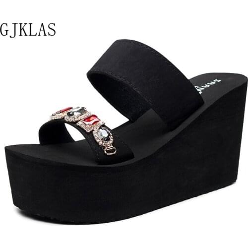 Wedges High Heels Platform Slides Shoes Women Summer Crystal Beach Shoes Casual Slippers Plus Size Black Shoes for Women Sandals