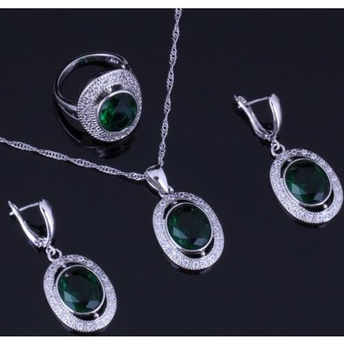 Gorgeous Oval Green Cubic Zirconia White CZ Silver Plated Jewelry Sets Earrings Pendant Chain Ring V0987