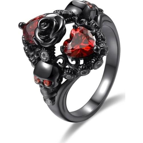 Hainon Vintage Heart Red Zircon Stone Skull Rings Fashion Black Jewelry Women Mens Punk CZ Skeleton Ring For Party Distribution