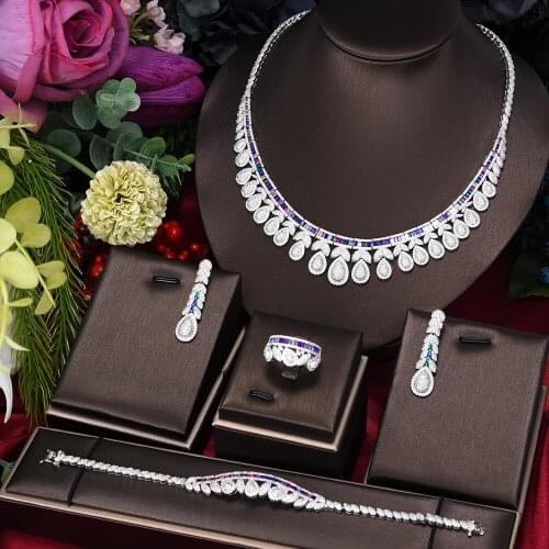 Blachette High Quality Luxury African Cubic Zirconia Dubai Indian Necklace Earrings Bracelet Ring Parure Bijoux Femme Gift