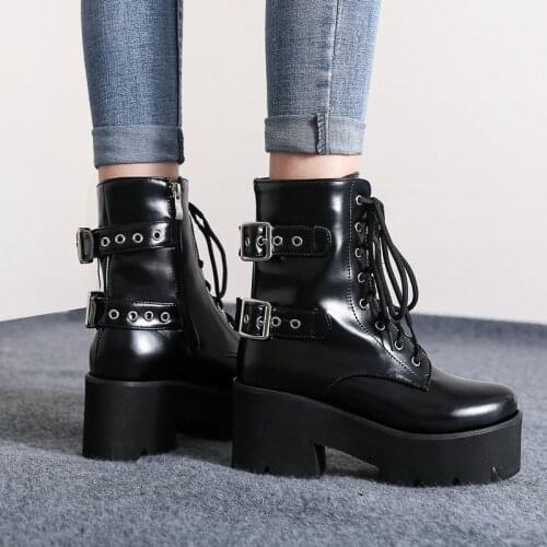 Platform Women Boots Patent Leather Thick High Heel Ankle Boots Lace Up Fashion Zipper Boots Autumn Winter Shoes Ladies 2021