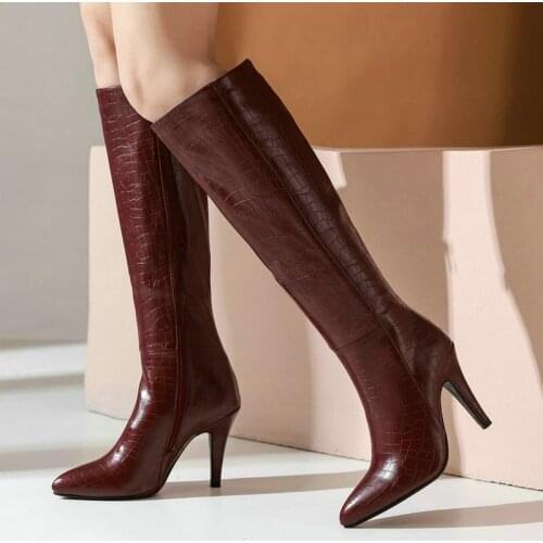 Black Wine Red Black Women Knee High Boots Fashion Pointed Toe Thin Heel Women Shoes Stone Print PU Leather Women Winter Boots