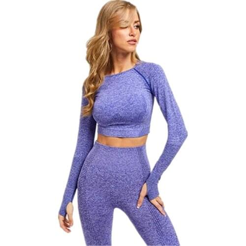 Women Vital Seamless 2 piece Set Gym Clothing Fitness Leggings+Cropped Shirts Sport Suit Women Long Sleeve Tracksuit Active Wear