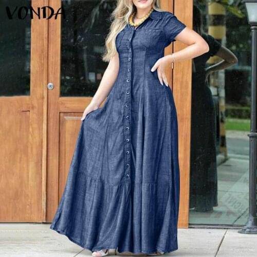 Denim Dress 2021 VONDA Female Women Short Sleeve Lapel Neck Party Shirt Dresses Ladies Party Vestido Loose Solid Long Robe Femme
