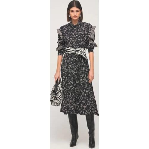 2021 French Women Dress Autumn New Retro All-match Stand-up Collar High Waist Long Sleeve Mid-length Ruffled Midi Dress