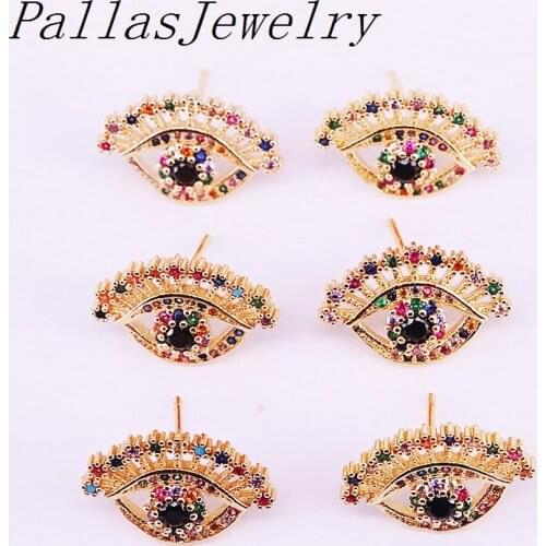 10Pairs Gold Filled Shiny Design Eye Shape Rainbow Zirconia Stud Earring Multicolor CZ Micro Pave Jewelry Earrings For Women