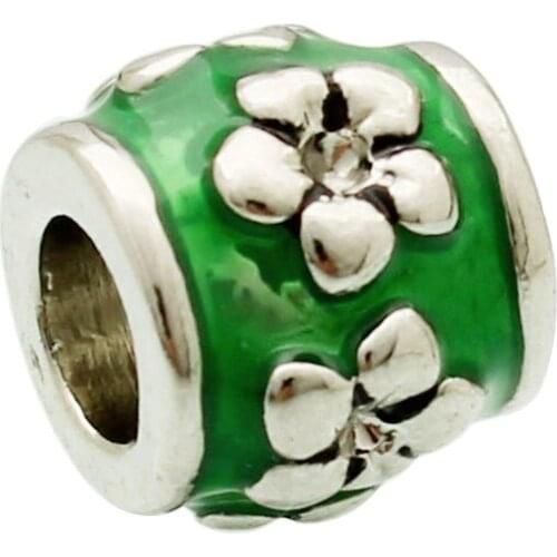 Slide charm Free shipping Green enamel plum blossom charm beads fit Pandora charm bracelet