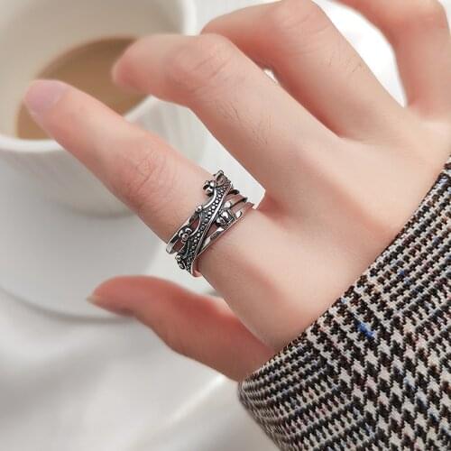 Big Chunky Trendy Crown Thai 925 Sterling Silver Ring For Women Retro Multi-layer Adjustable Stackable Ring Jewelry Gift