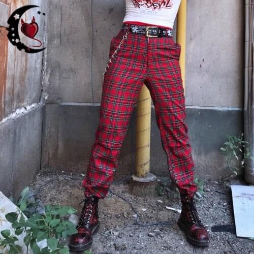 Harajuku Red Plaid Pants Punk Streetwear Women High Waist Straight Pants Casual Vintage Fashion Female Long Trousers