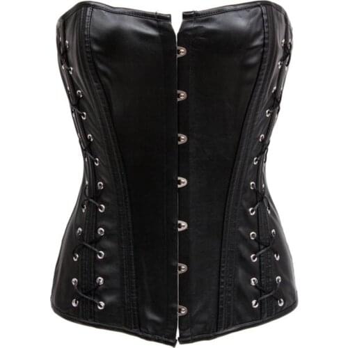 Black Leather Corset ( S M L XL XXL ) Women Sexy Metal Buckle and Hook Eye Overbust Corselet Bustier tops Brand New Style