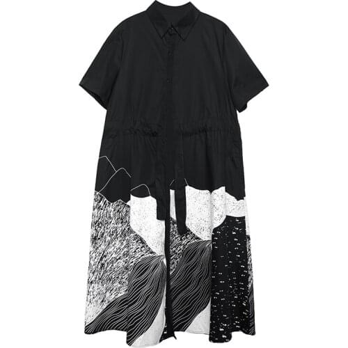 XUXI Women Fashion Printing Short Sleeve Dress Splicing Tucked Waist Slim Shirt Skirt Over The Knee Summer 2021 E1755