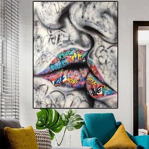 Street Graffiti Art Lover Kissing Painting on Canvas Posters and Prints Abstract Wall Art Picture for Living Room Home Decor