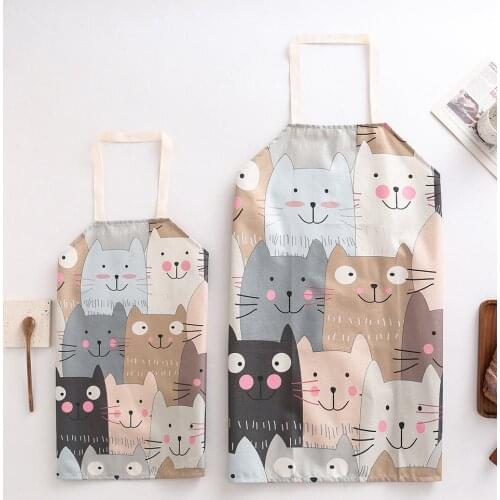 2PCS Cute Cat Parent-Child Apron Cartoon Printed Chefs Apron Linen Sleeveless Kitchen Apron Baking Gardening Bibs Cleaning Tool