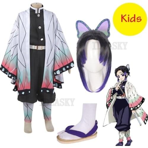 Anime Demon Slayer Kimetsu no Yaiba Kochou Shinobu Cosplay Costume kids girls child Kimono Uniform Halloween Christmas Party Wig