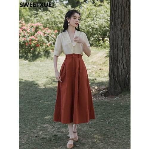 SWEETXUE Suit Female Retro Chic Two Pieces Set Summer Temperament French Yellow pleated Shirt Tops + High Waist Skirt Outfits